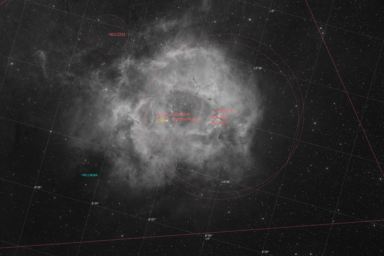 Rosettennebel in H-Alpha (Annotation) NGC 2244, NGC 2239, NGC 2238