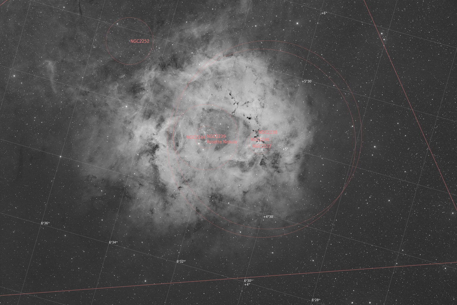 Rosettennebel in H-Alpha (Annotation) NGC 2244, NGC 2239, NGC 2238